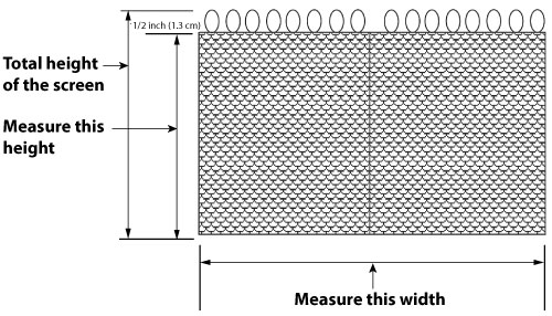 Graphic showing how to measure the height and width of a screen - being sure not to include the half inch rings in the height