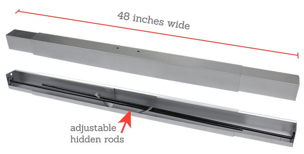 Chalice silver rod and valance front and back views. Expands up to 48 inches wide and has hidden adjustable rods.